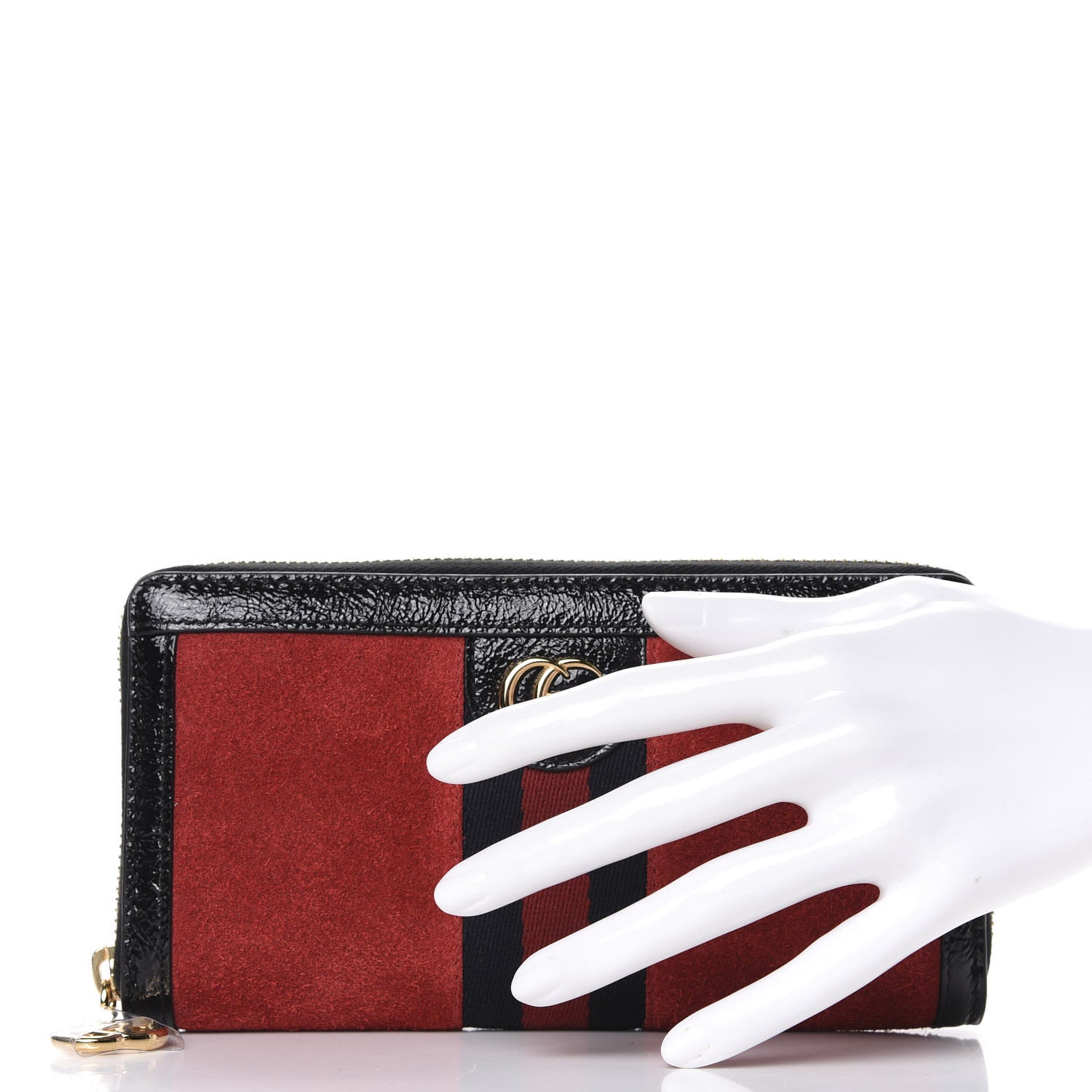 Gucci Suede Patent Web Ophidia Zip Around Wallet Hibiscus Red Black 2 of 6