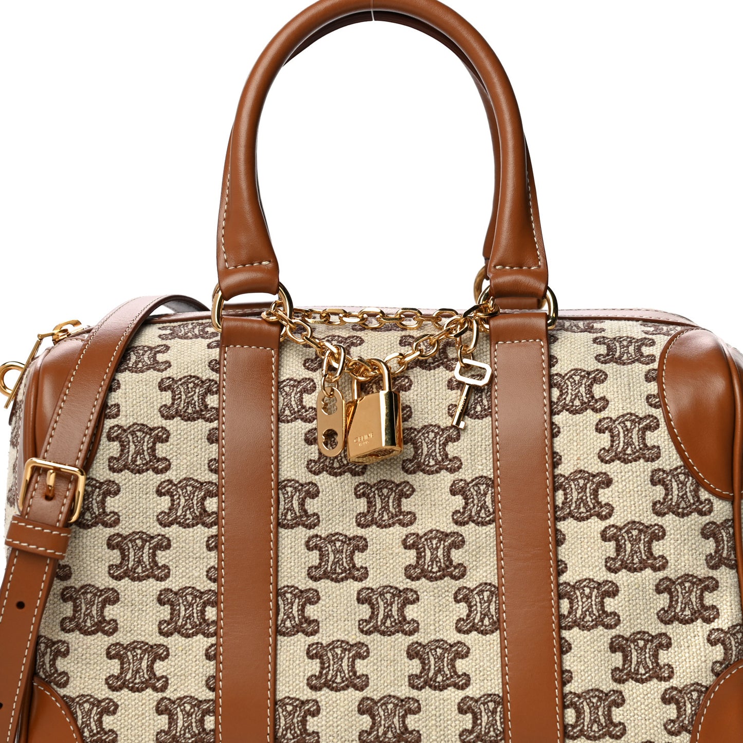Triomphe Textile Calfskin Small Boston Bag Brown