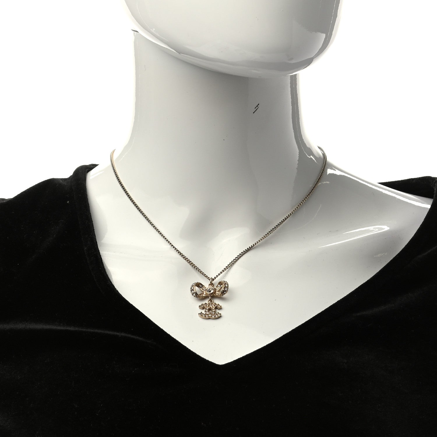 Chanel Metal Crystal CC Bow Drop Necklace Gold 2 of 5