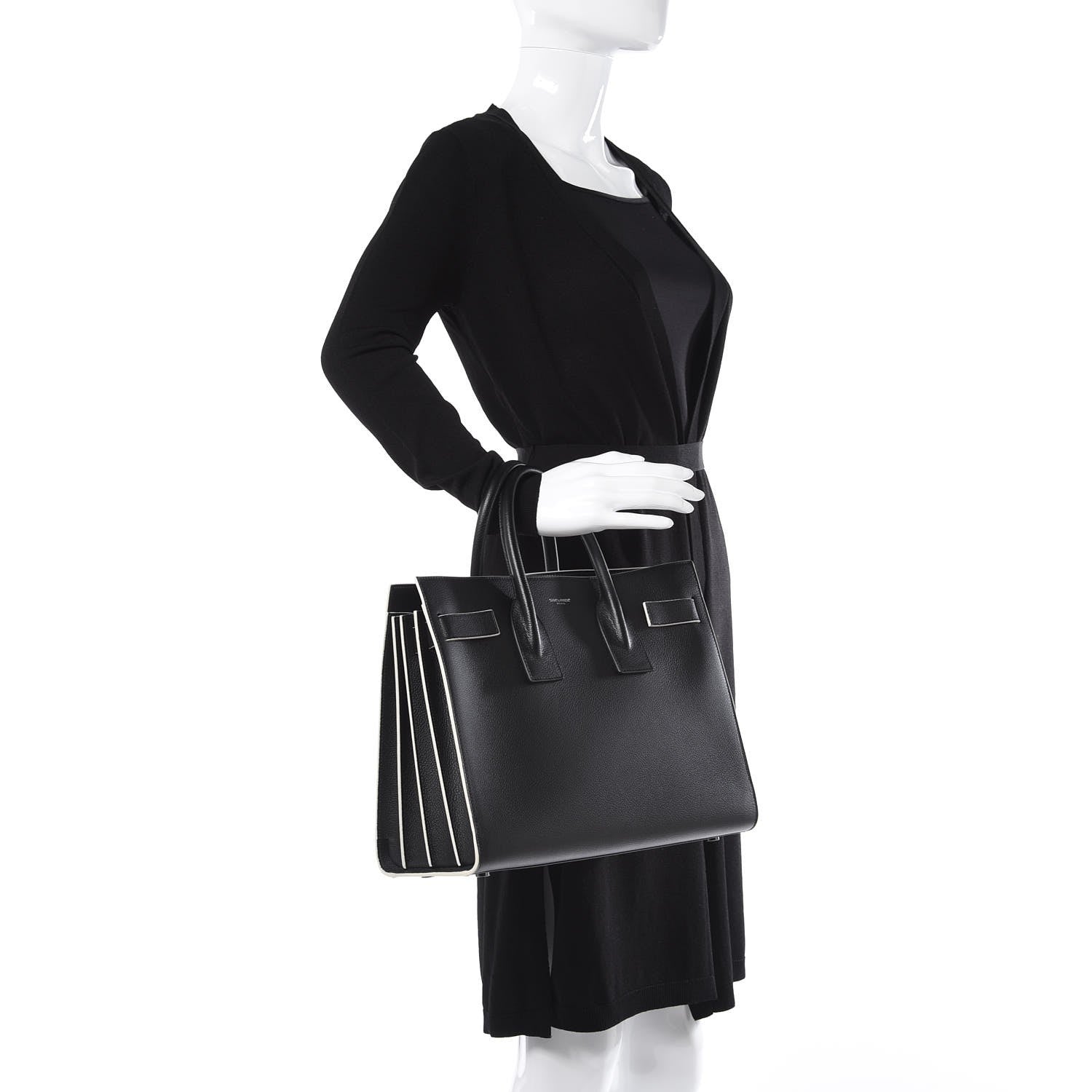Saint Laurent Grained Calfskin Topstitch Small Sac De Jour Black Porcelain 3 of 9