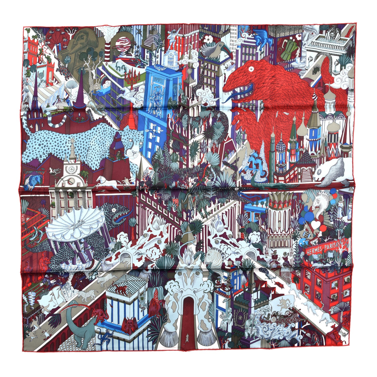 Hermes Silk Animapolis Scarf 90 Bordeaux Bleu Rouge 1 of 4