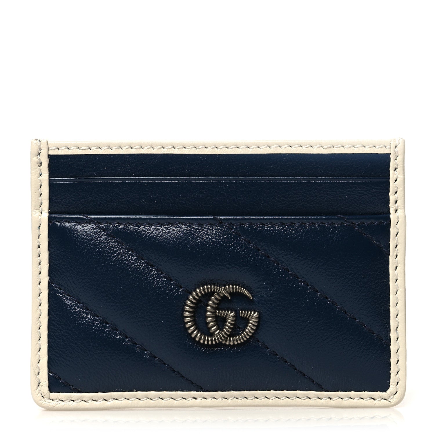 Gucci Vintage Effect Calfskin Matelasse Diagonal Torchon GG Marmont Card Holder Blue Agata Mystic White 1 of 8