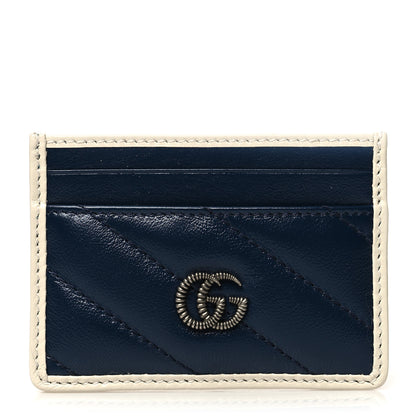 Gucci Vintage Effect Calfskin Matelasse Diagonal Torchon GG Marmont Card Holder Blue Agata Mystic White 1 of 8