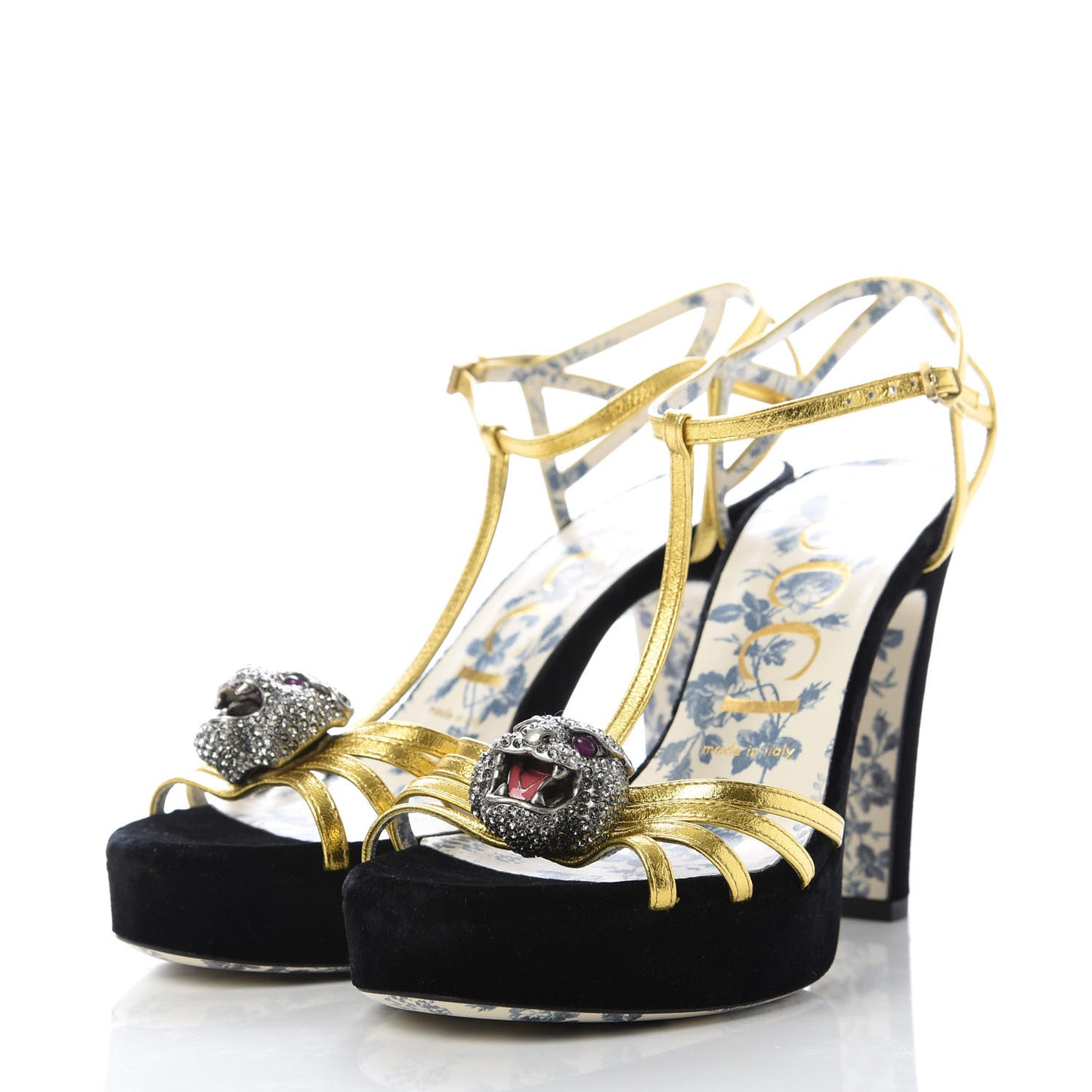 Velvet Nappa Elias T-Strap Platform High Heel Sandals 37.5 Black Gold