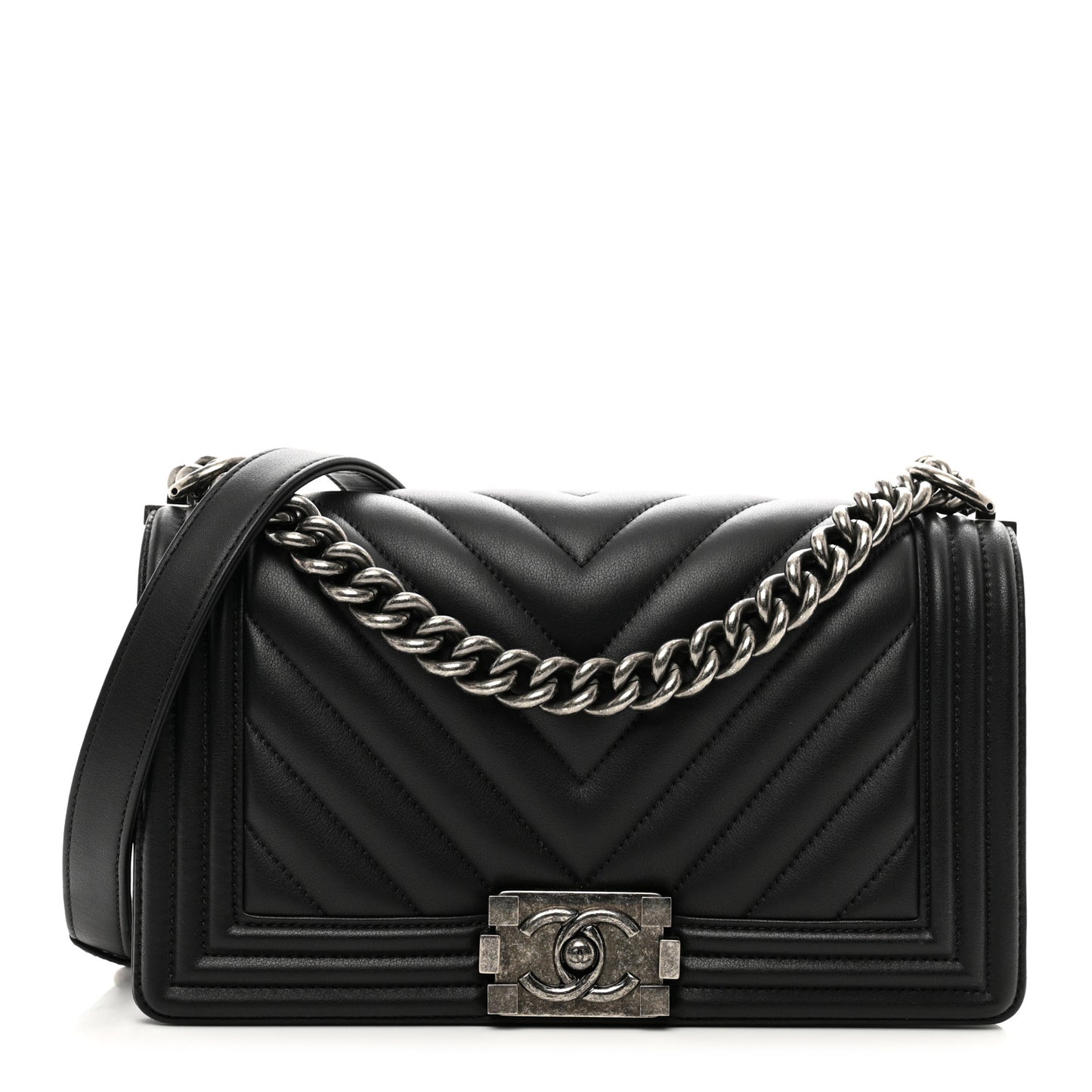 Calfskin Chevron Quilted Medium Boy Flap Black