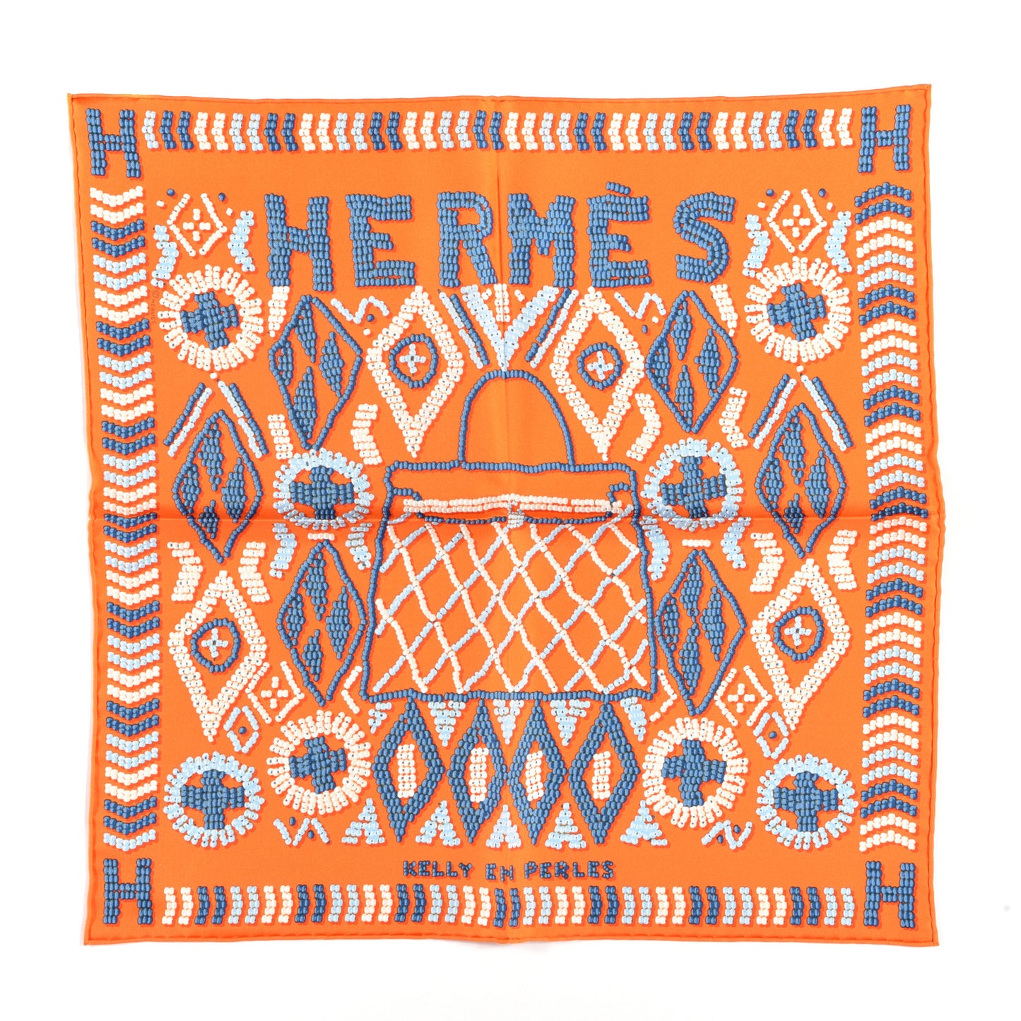 Silk Twill Kelly En Perles Giant Scarf 70 Orange Bleu Jean