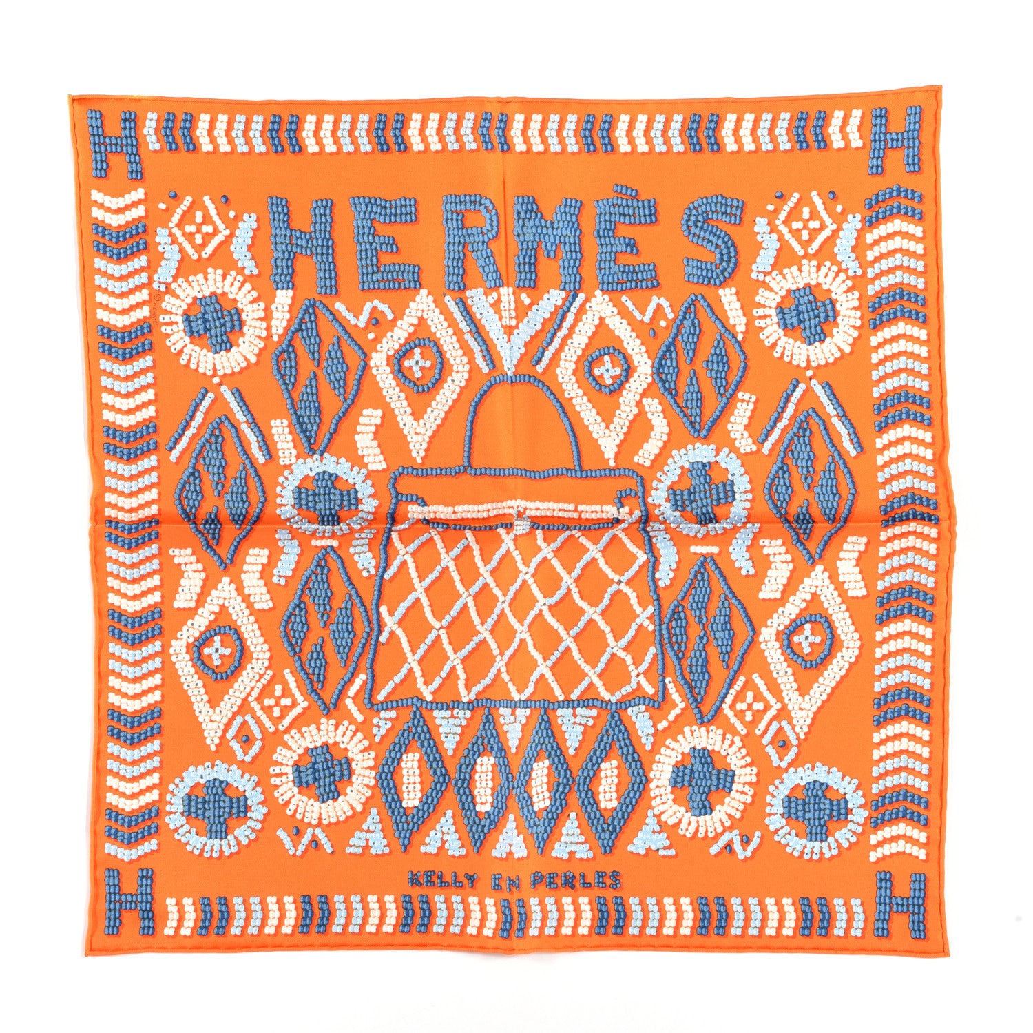 Hermes Silk Twill Kelly En Perles Giant Scarf 70 Orange Bleu Jean 1 of 3