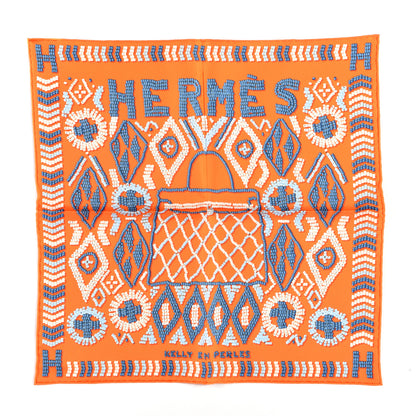 Hermes Silk Twill Kelly En Perles Giant Scarf 70 Orange Bleu Jean 1 of 3