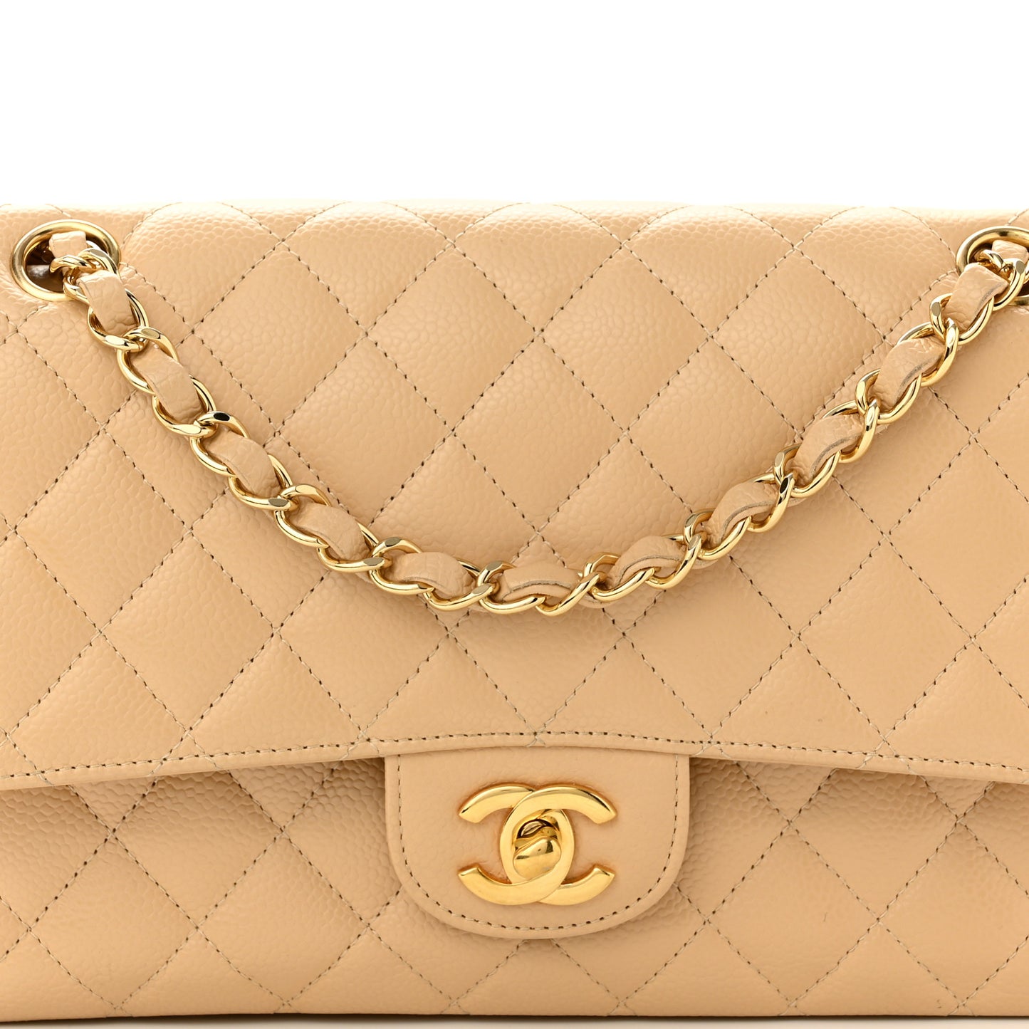 Caviar Quilted Medium Double Flap Beige
