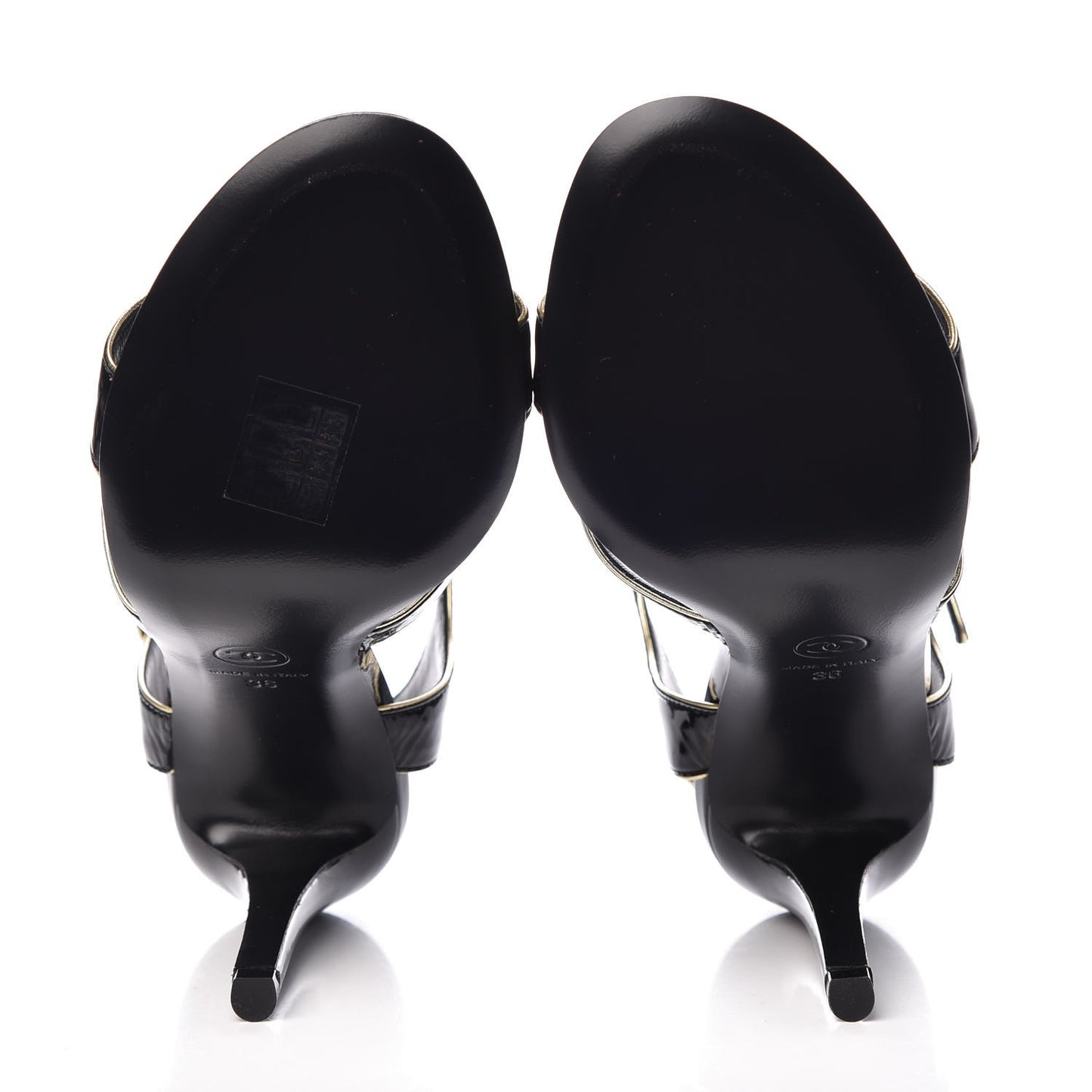 Patent Goatskin Camellia CC Sandals 36 Black Gold
