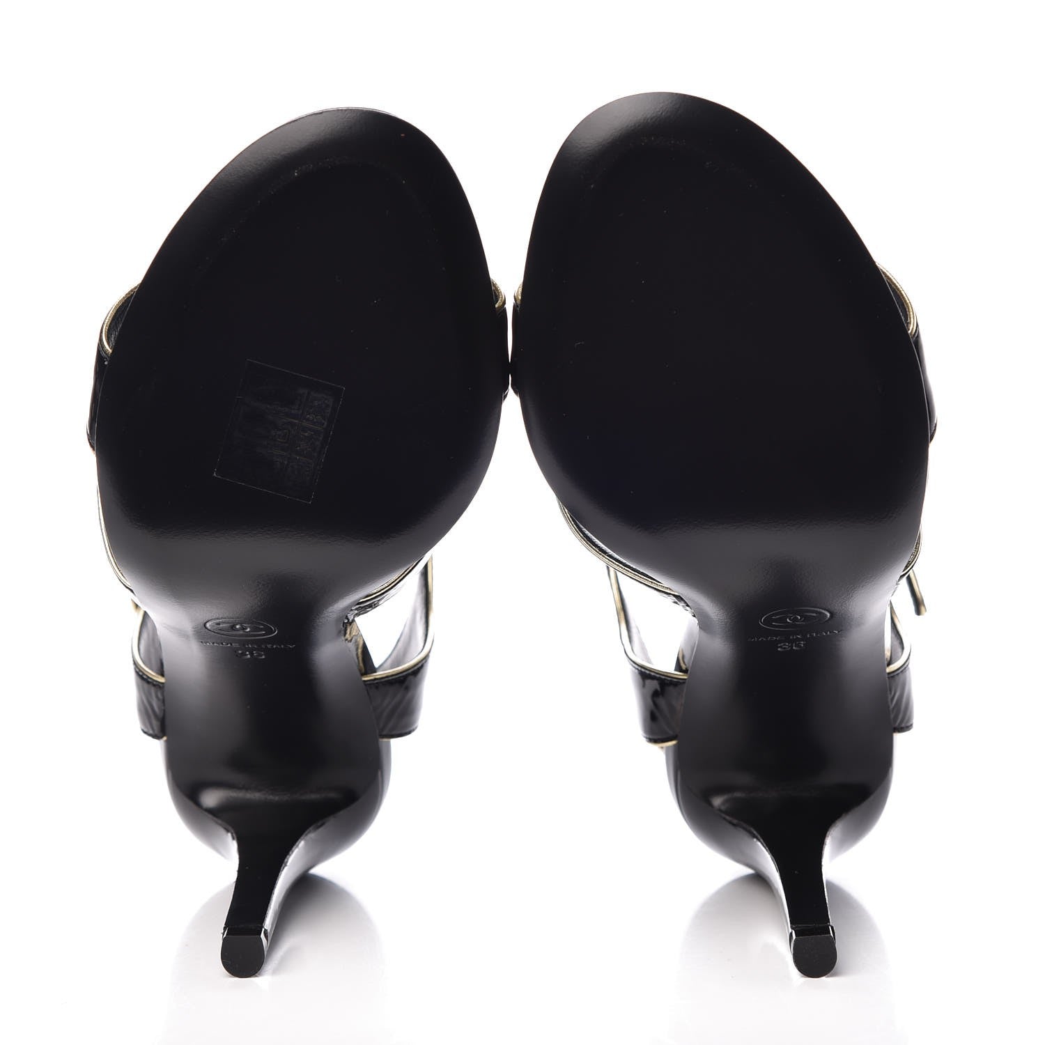 Chanel Patent Goatskin Camellia CC Sandals 36 Black Gold 5 of 9