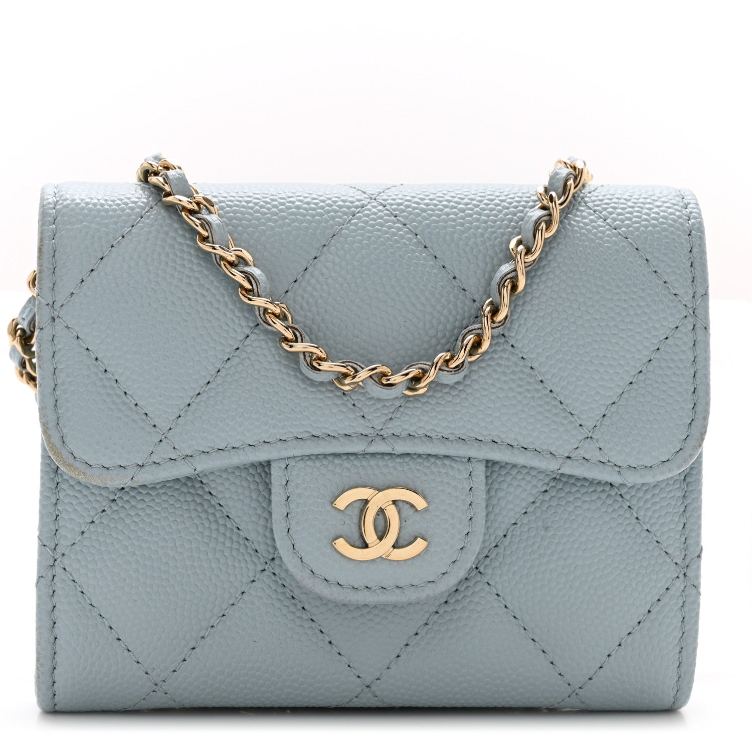Chanel Caviar Quilted Flap Card Holder On Chain Light Blue 1 of 14