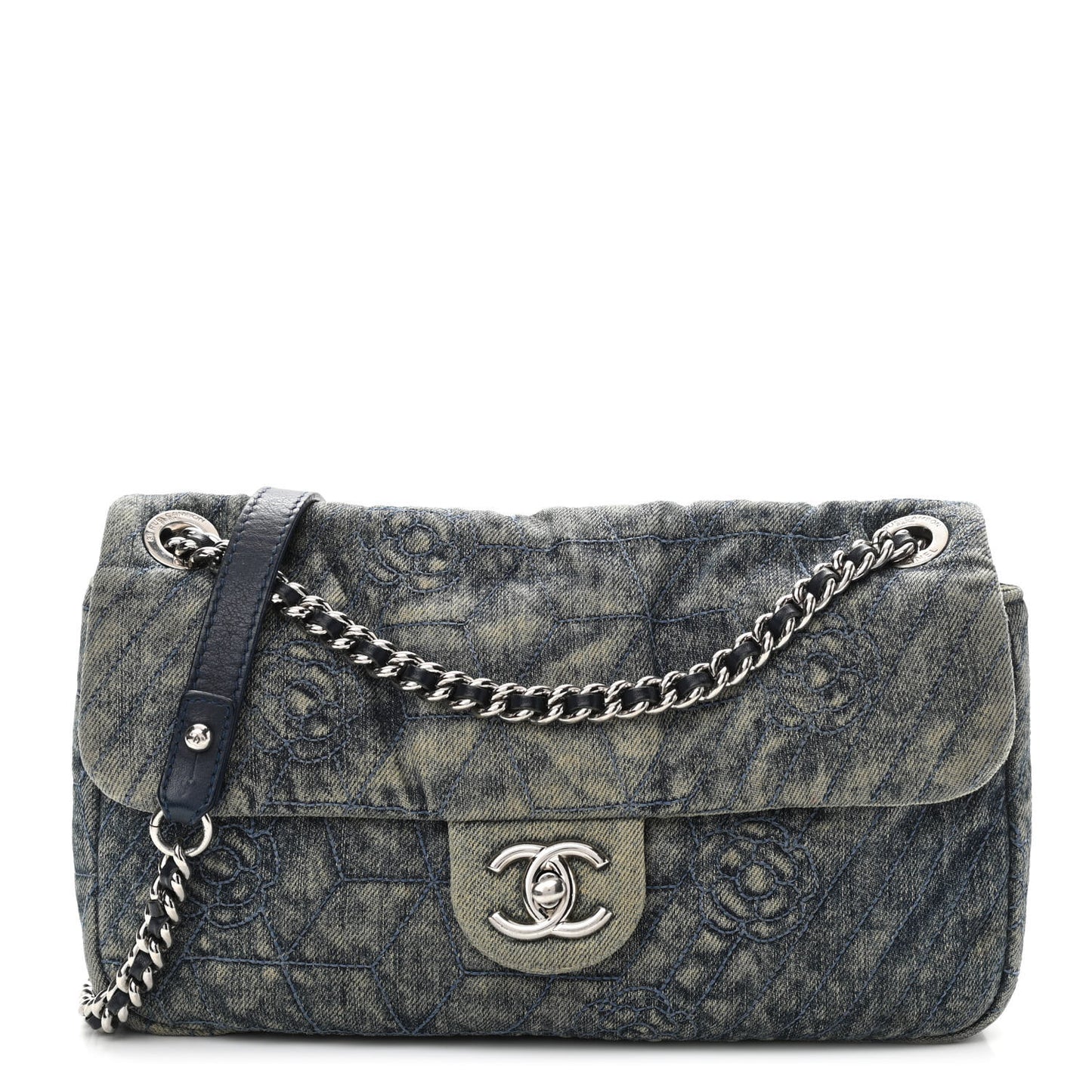 Denim Quilted Camellia Embroidered Medium Flap Blue