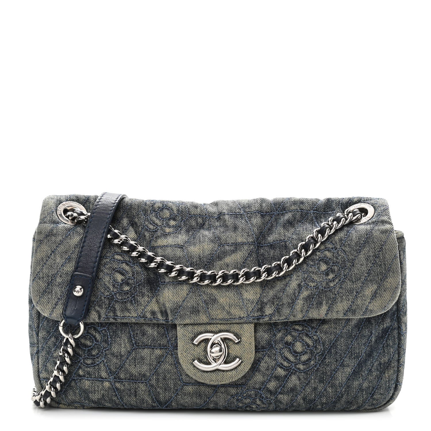 Chanel Denim Quilted Camellia Embroidered Medium Flap Blue 1 of 10