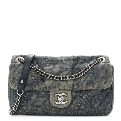 Chanel Denim Quilted Camellia Embroidered Medium Flap Blue 1 of 10
