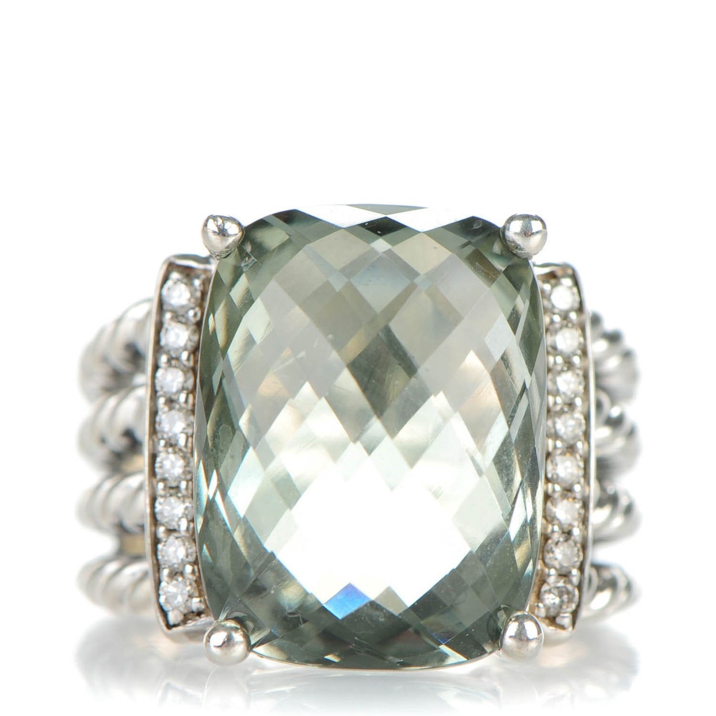 Sterling Silver Pave Diamond Prasiolite 16mm Wheaton Ring 53 6.25