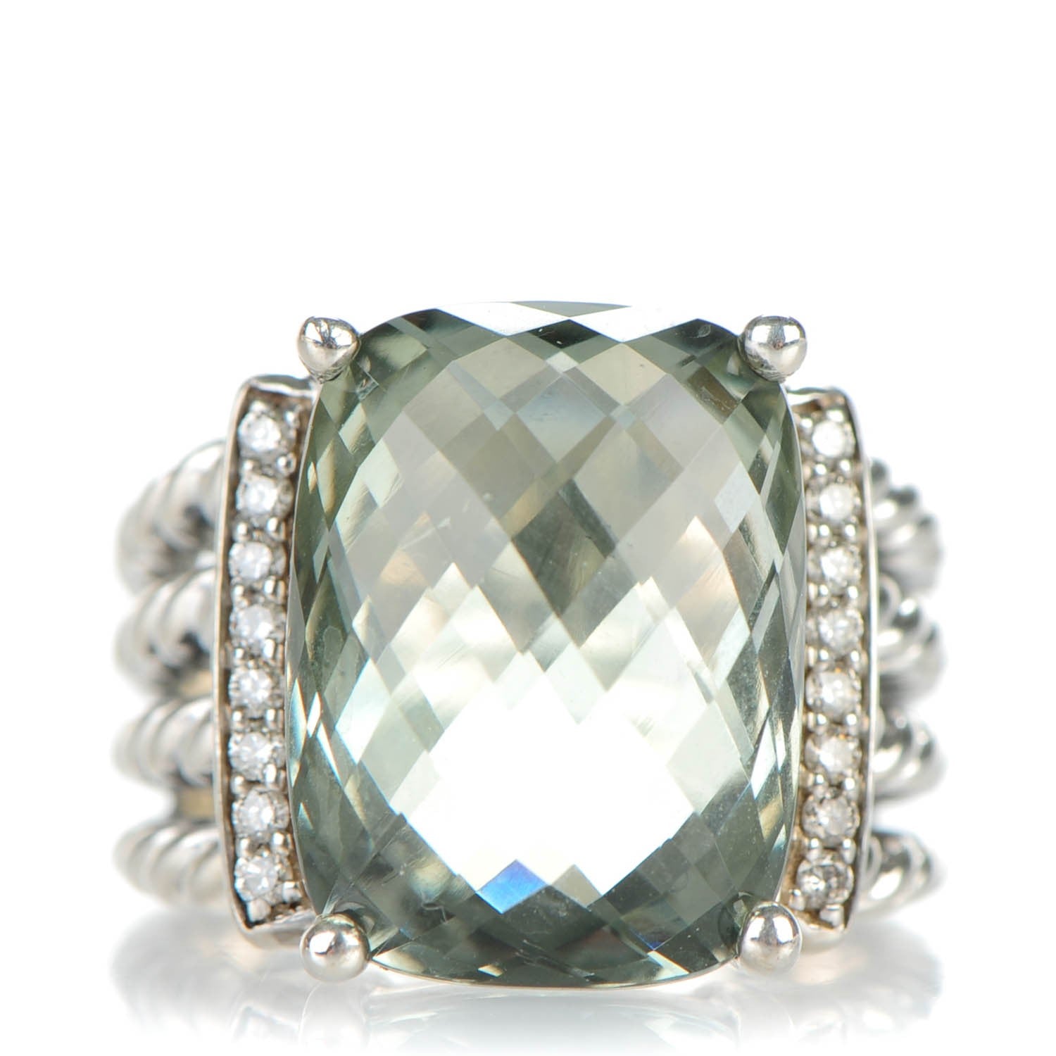 David Yurman Sterling Silver Pave Diamond Prasiolite 16mm Wheaton Ring 53 6.25 1 of 6