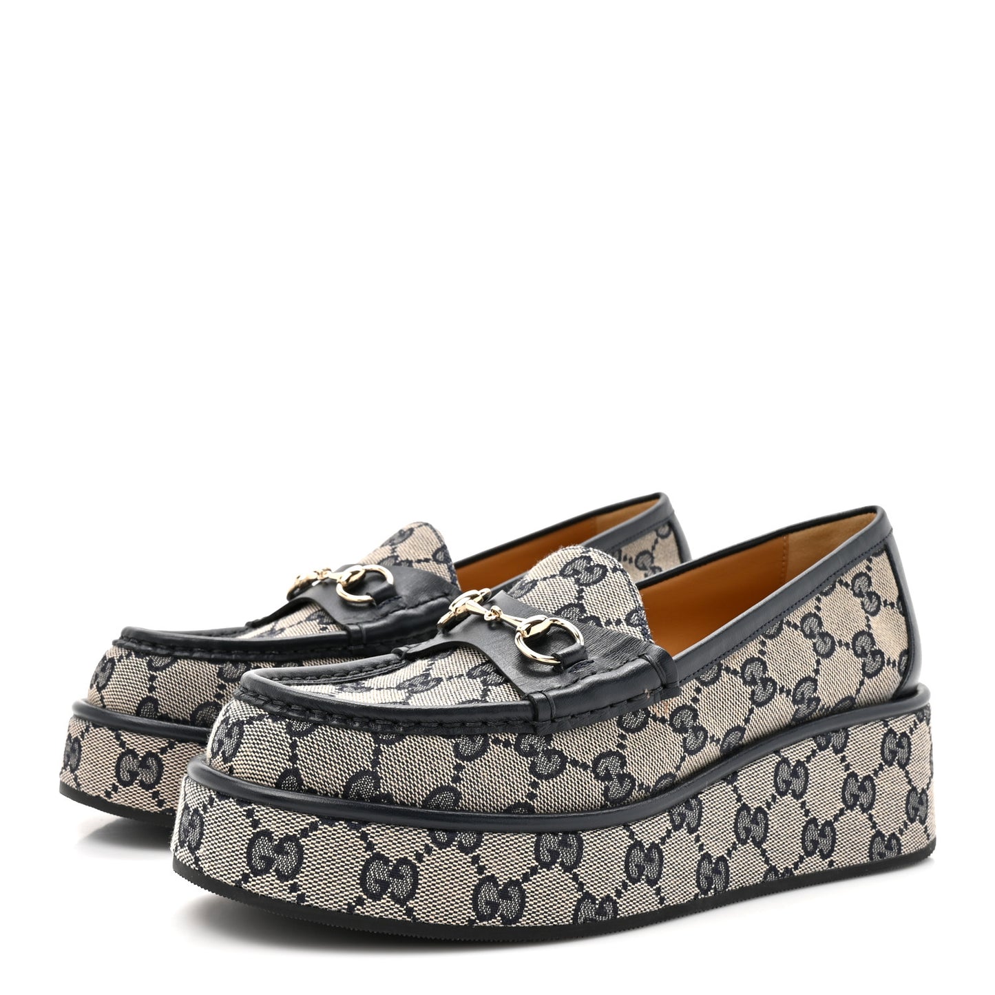 Monogram Horsebit Calfskin Womens Horsebit Wedge Platform Loafers 37.5 Beige Blue