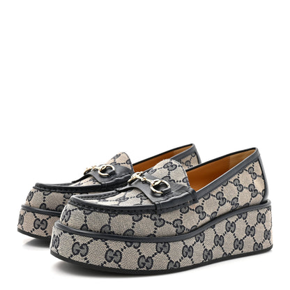Gucci Monogram Horsebit Calfskin Womens Horsebit Wedge Platform Loafers 37.5 Beige Blue 4 of 10