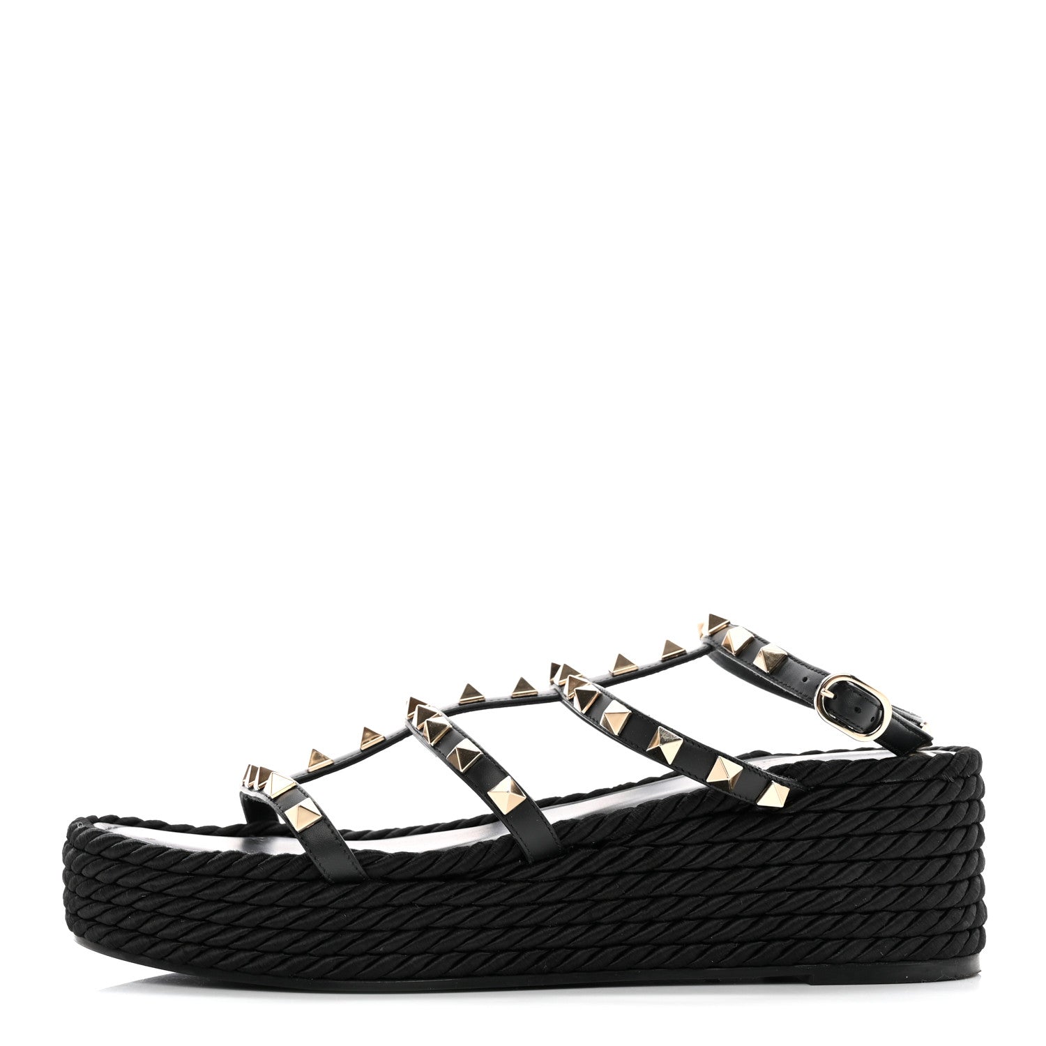Valentino Garavani Calfskin Rockstud Ankle Strap Torchon Espadrille Caged 30/55mm Sandals 39 Black 1 of 12