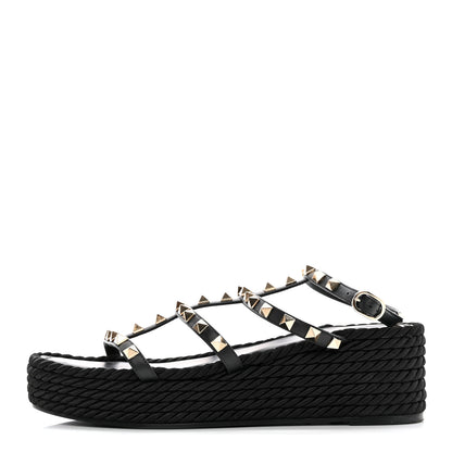 Valentino Garavani Calfskin Rockstud Ankle Strap Torchon Espadrille Caged 30/55mm Sandals 39 Black 1 of 12