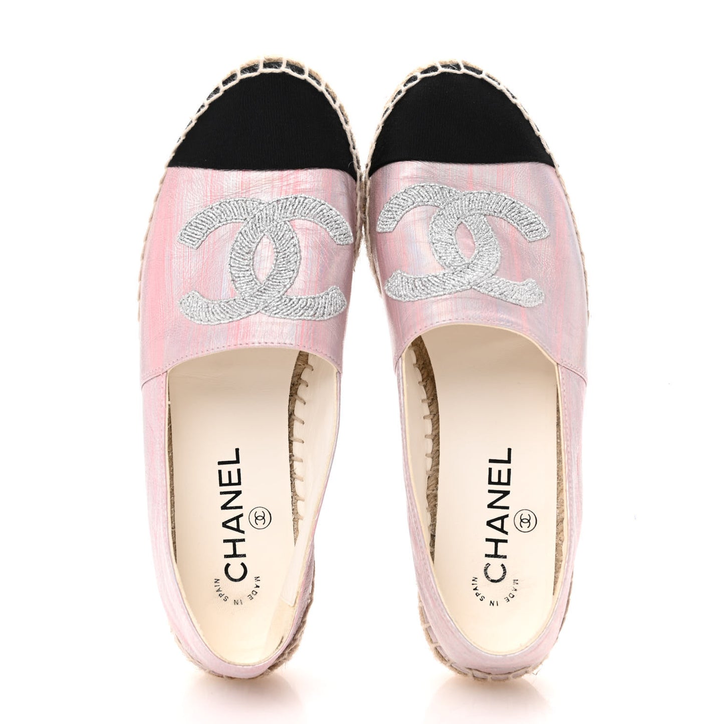 Laminated Lambskin Grosgrain Embroidered CC Espadrilles 39 Pink Silver Black
