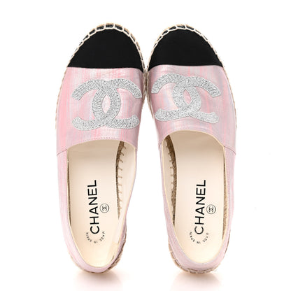 Chanel Laminated Lambskin Grosgrain Embroidered CC Espadrilles 39 Pink Silver Black 2 of 11