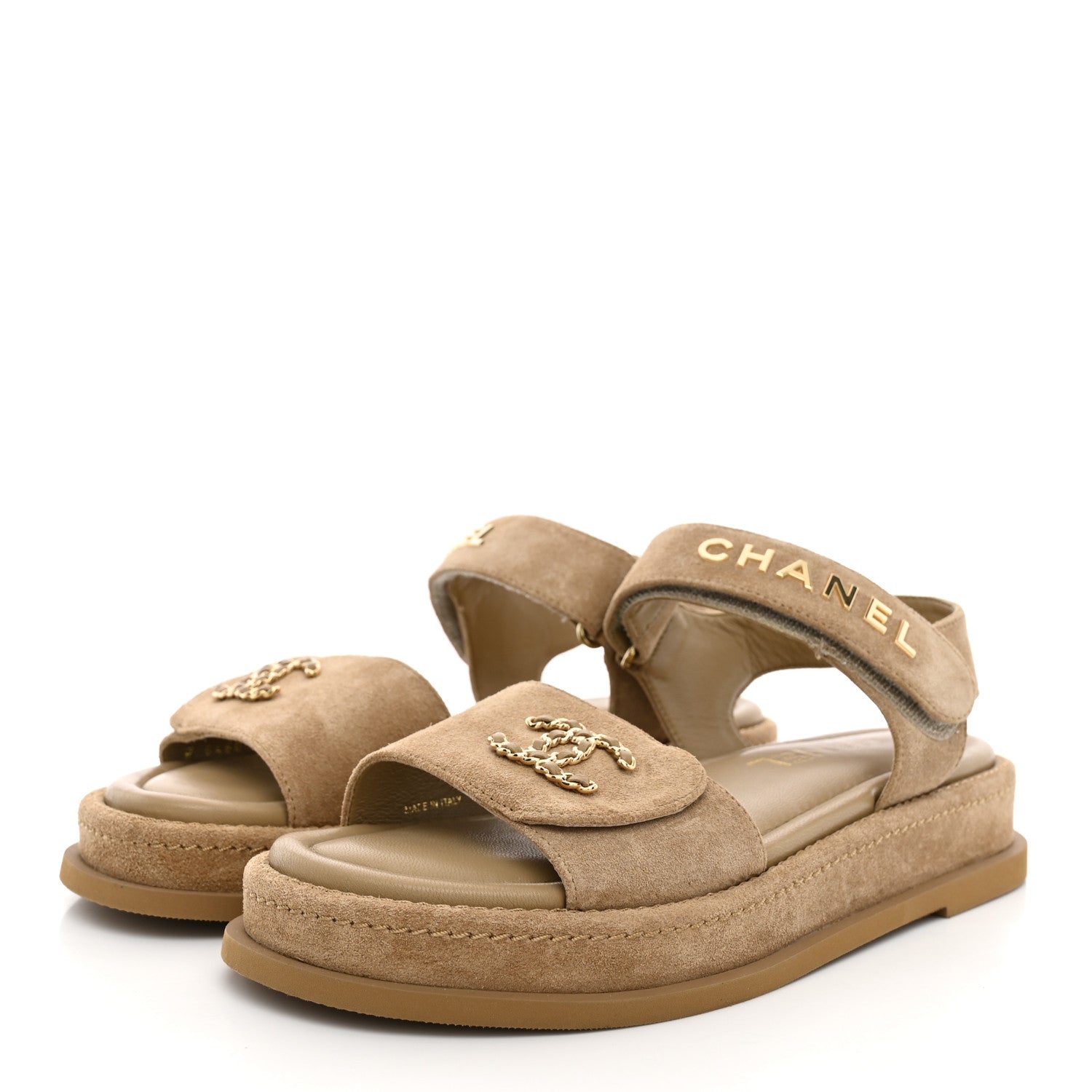Chanel Suede Calfskin Velcro Dad Sandals 37.5 Beige 4 of 12