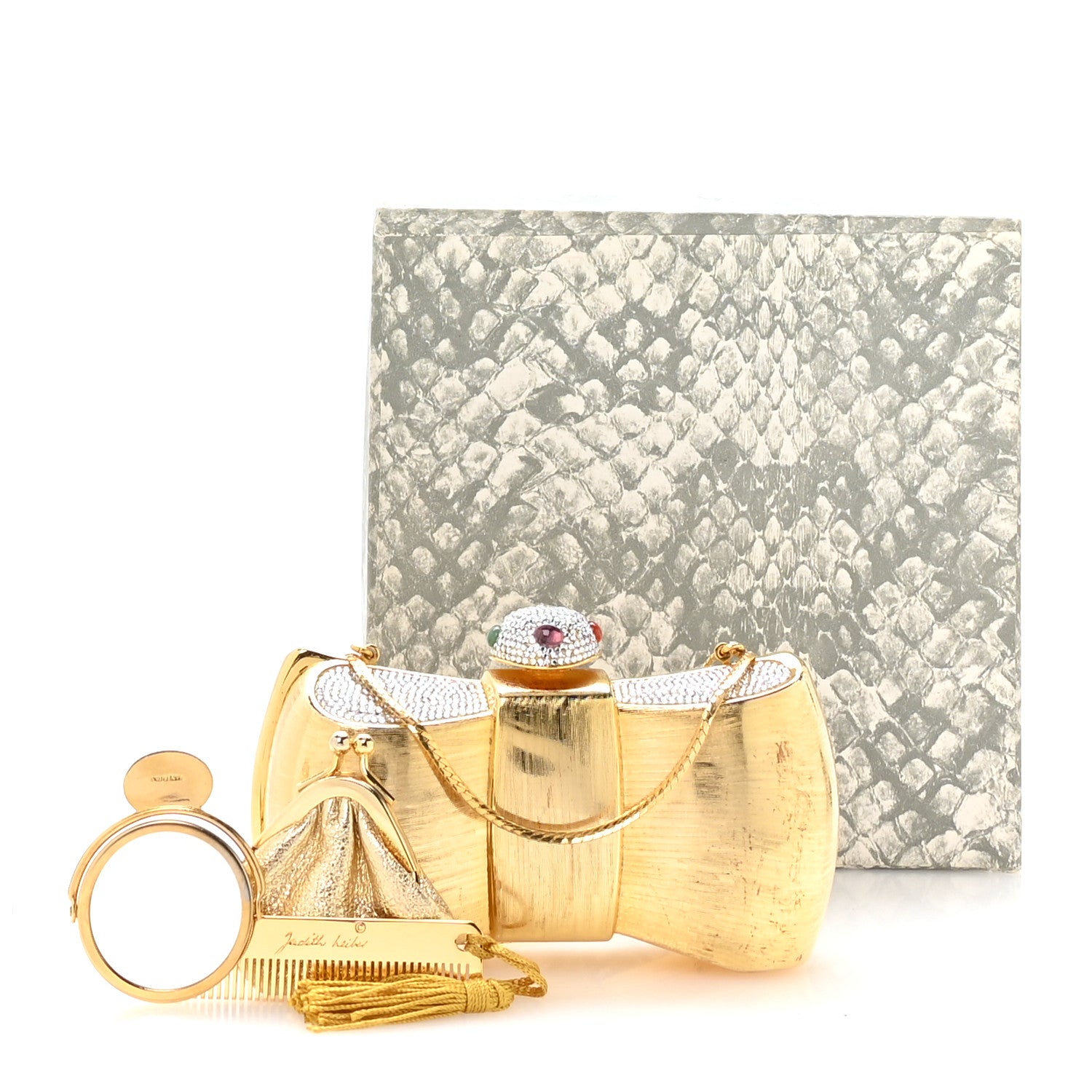 Judith Leiber Crystal Bow Minaudiere Clutch Gold 12 of 13