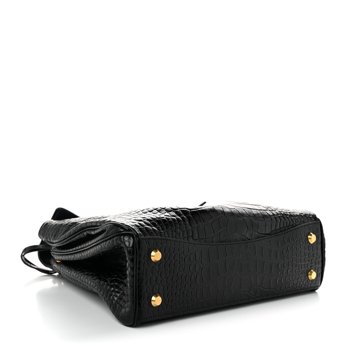 Shiny Calfskin Crocodile Embossed Medium Rodeo Top Handle Handbag Black