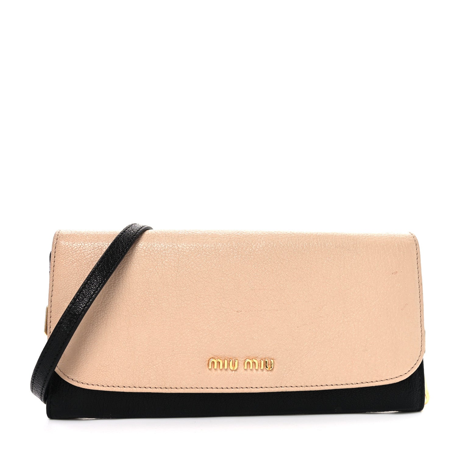 Miu Miu Goatskin Madras Bi-Color Wallet On Chain Beige Black 1 of 8