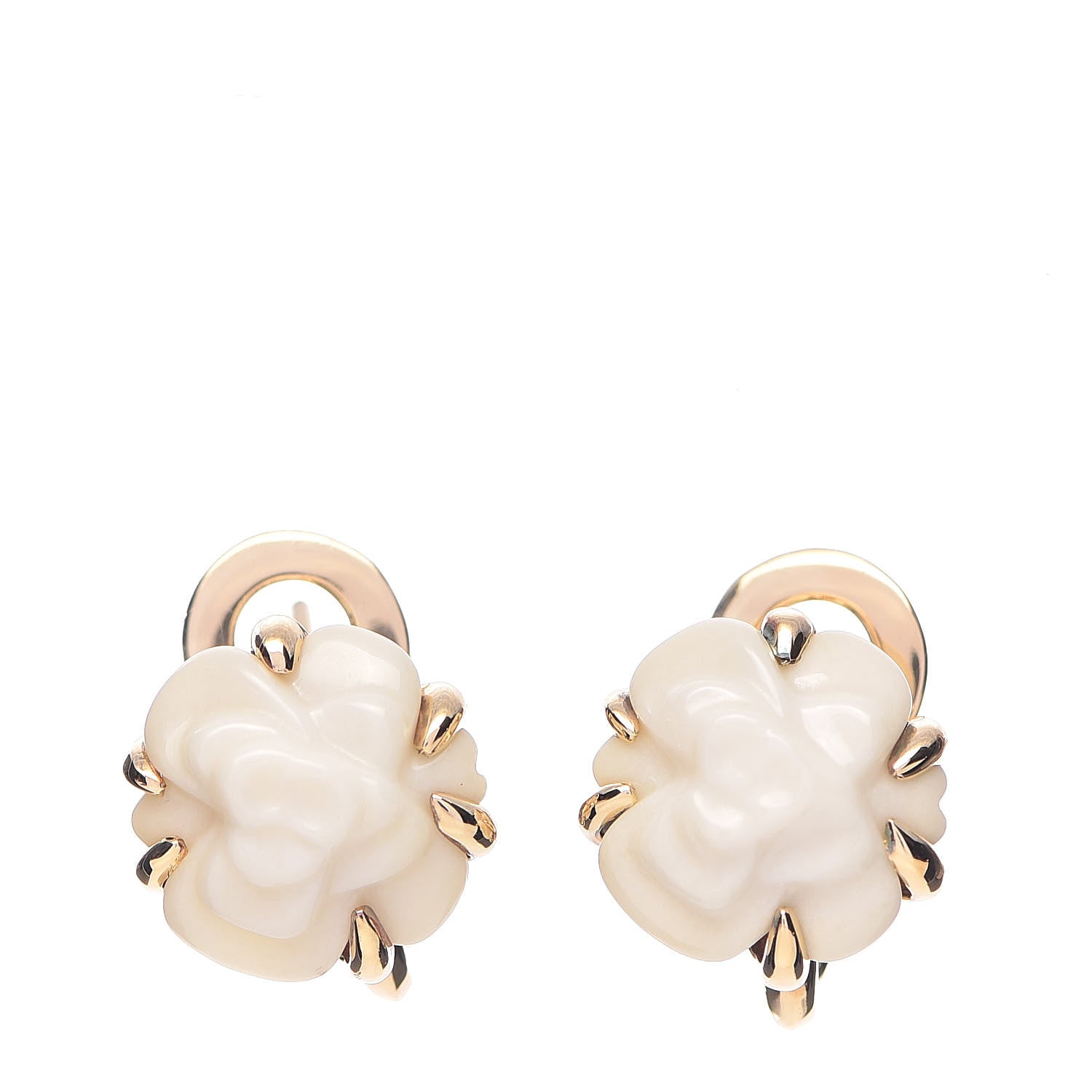 Chanel 18K Yellow Gold White Agate Camellia Earrings 1 of 5