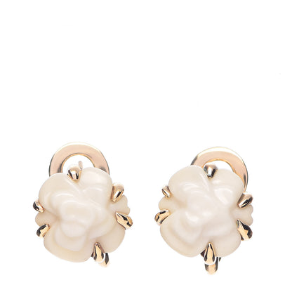 Chanel 18K Yellow Gold White Agate Camellia Earrings 1 of 5
