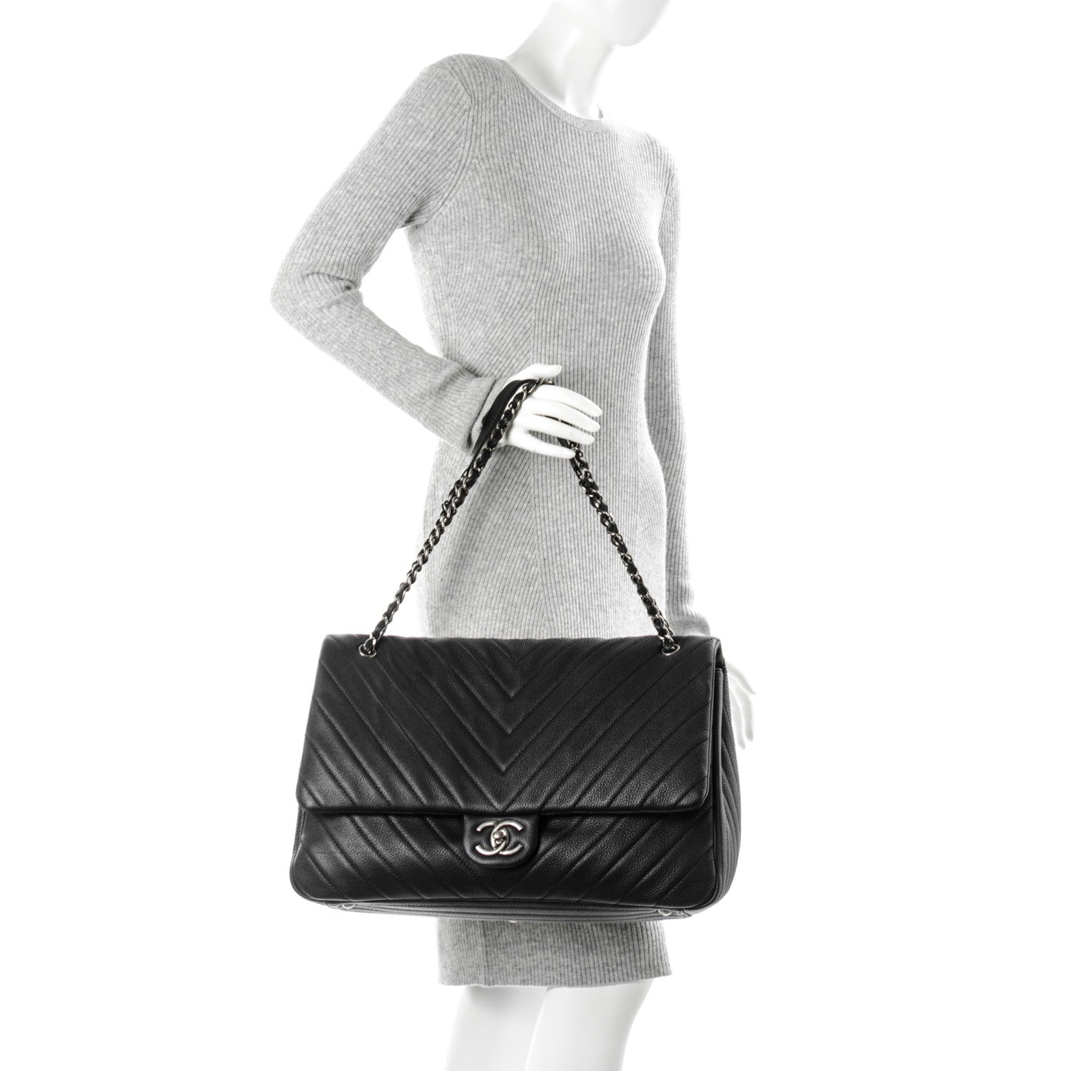 Chanel Calfskin Chevron Quilted XXL Travel Flap Bag Black 2 of 8