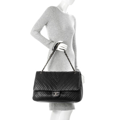 Chanel Calfskin Chevron Quilted XXL Travel Flap Bag Black 2 of 8