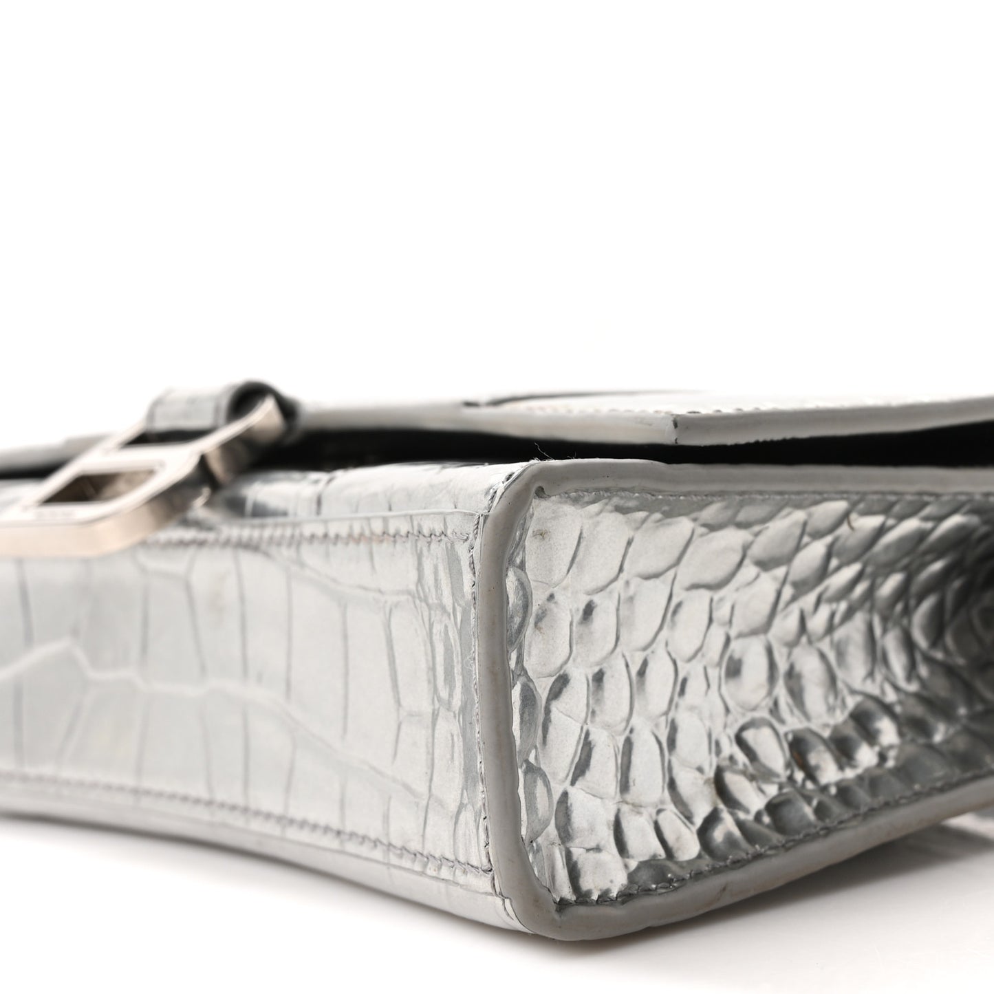Metallic Calfskin Crocodile Embossed Hourglass Chain Bag Silver