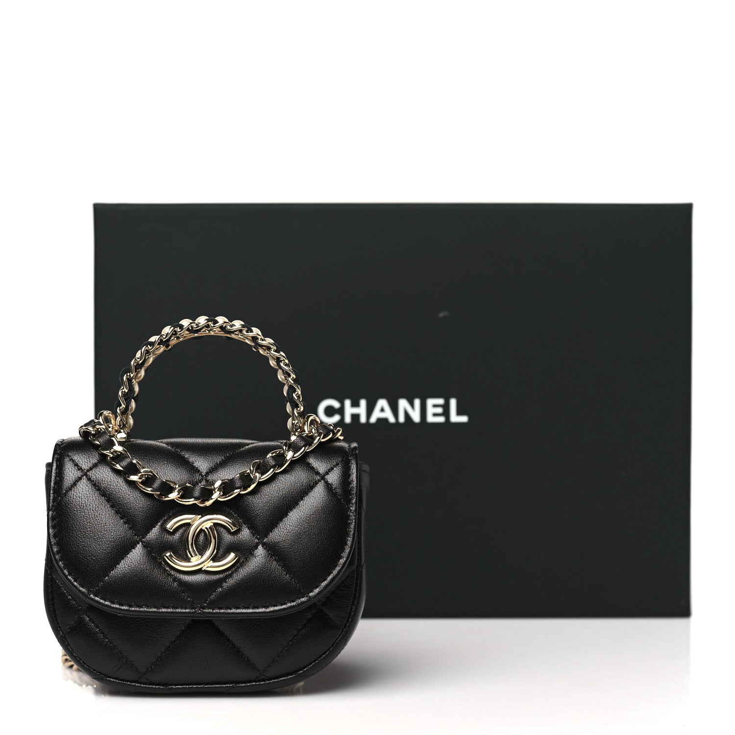 Chanel Lambskin Quilted Pearl Top Handle Clutch With Chain Black