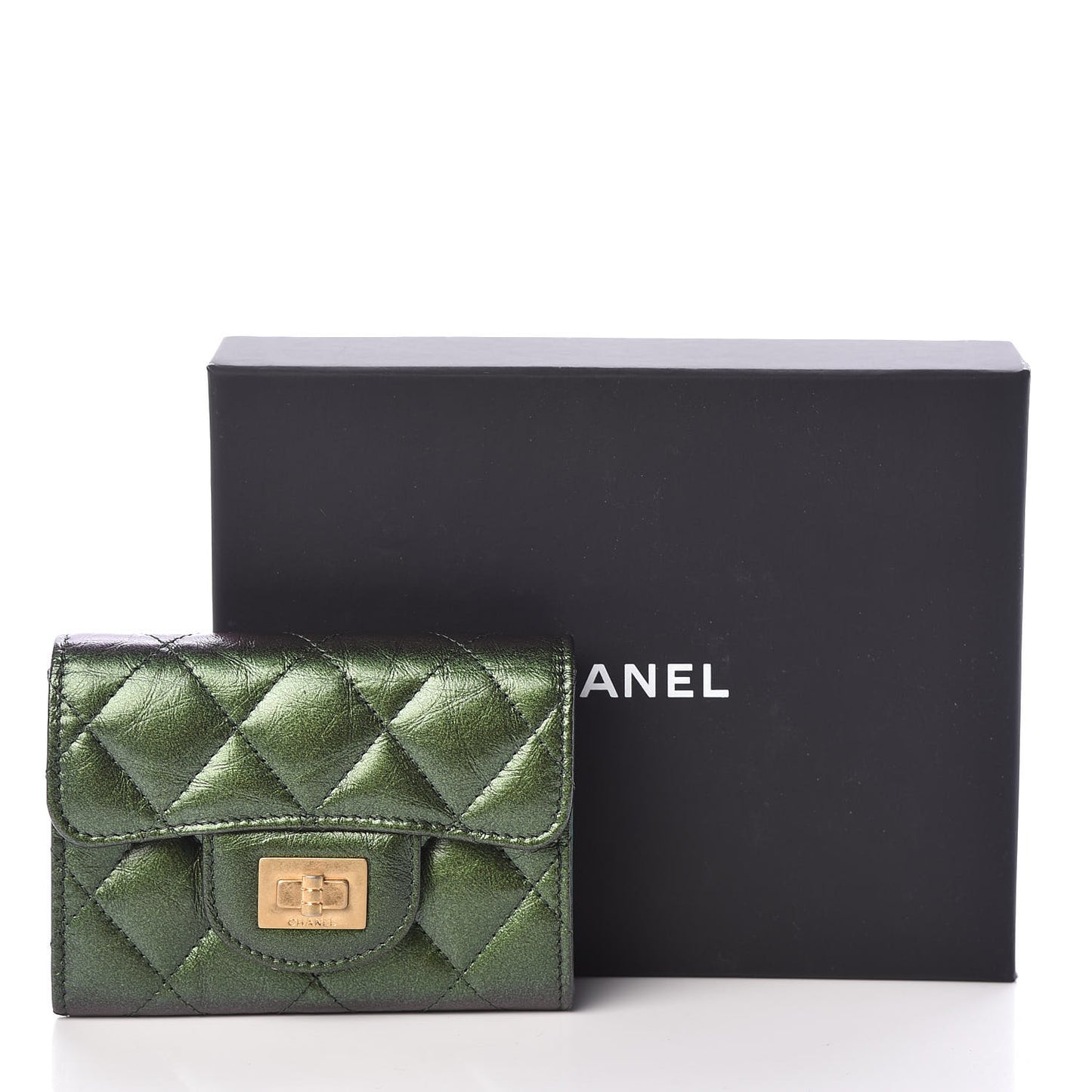 Glittered Aged Calfskin Quilted Reissue Flap Card Holder Wallet Holder Green
