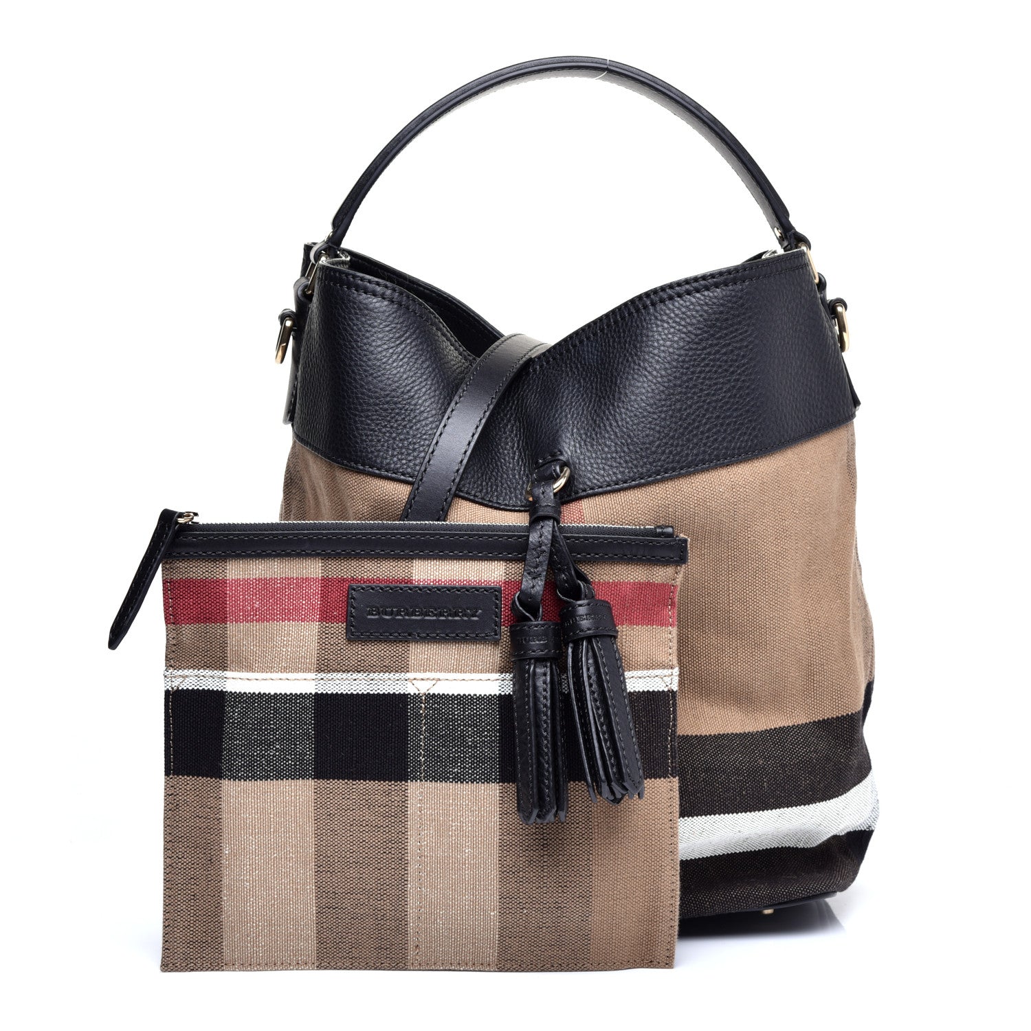 Burberry Grainy Calfskin Canvas Mega Check Medium Ashby Tassel Hobo Black 1 of 11