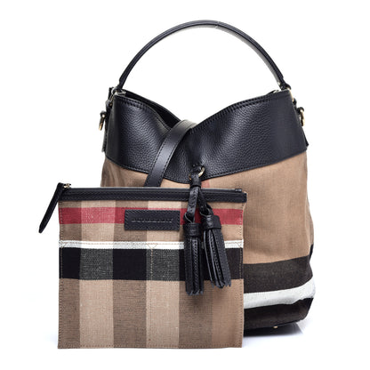 Burberry Grainy Calfskin Canvas Mega Check Medium Ashby Tassel Hobo Black 1 of 11