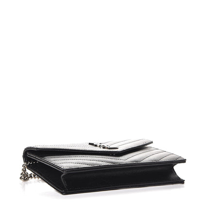 Saint Laurent Grain De Poudre Matelasse Chevron Monogram Envelope Chain Wallet Black 4 of 9