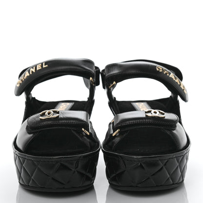 Chanel Shiny Calfskin Logo Platform Sandals 38 Black 2 of 10
