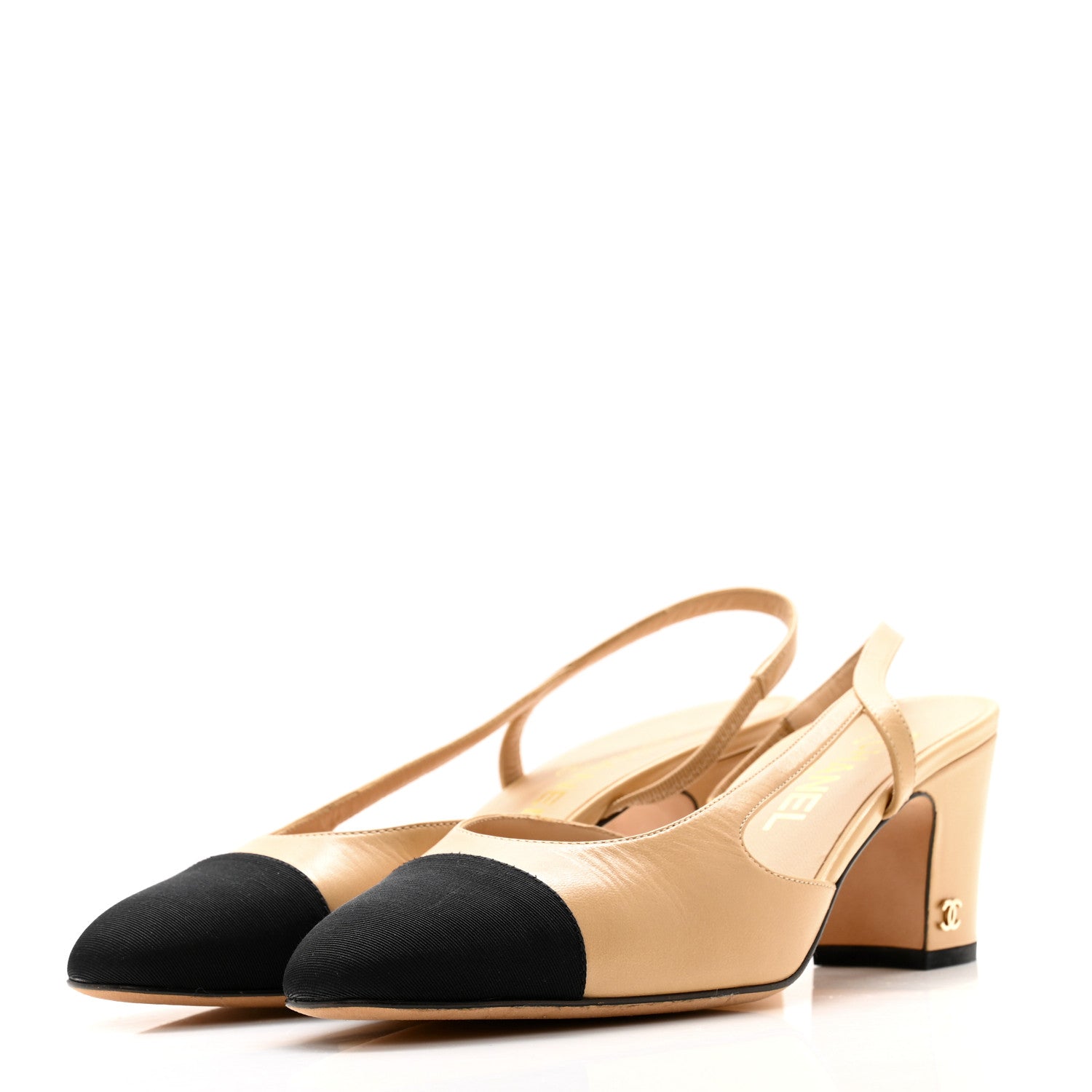 Chanel Goatskin Grosgrain Cap Toe CC Slingback Pumps 38 Beige Black 3 of 12