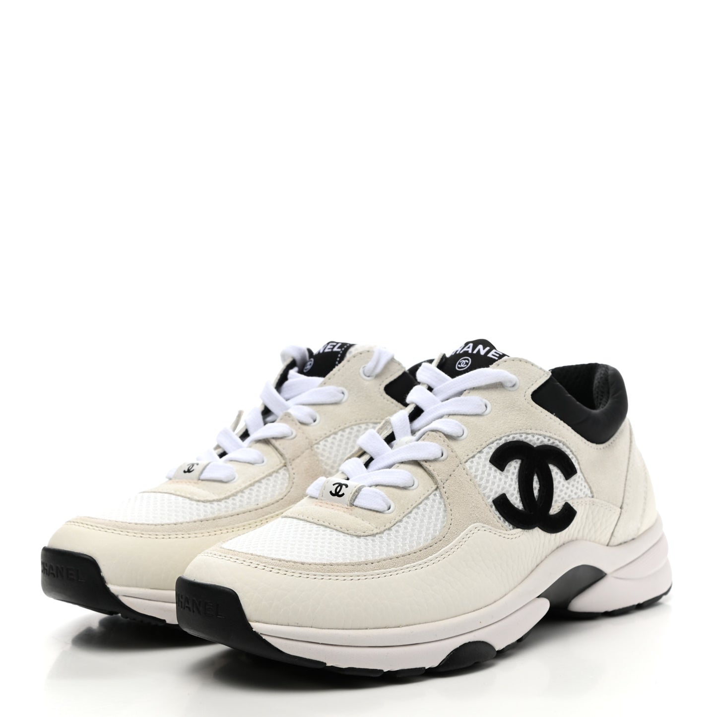 Mesh Suede Calfskin Grained Calfskin Womens CC Sneakers 37.5 White Black