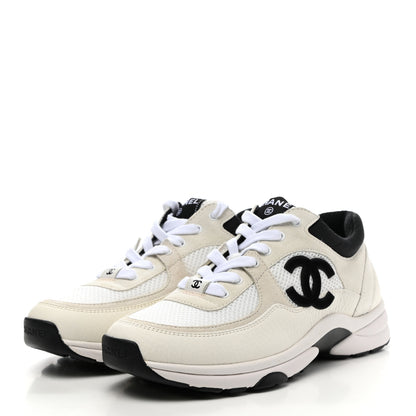 Chanel Mesh Suede Calfskin Grained Calfskin Womens CC Sneakers 37.5 White Black 3 of 10