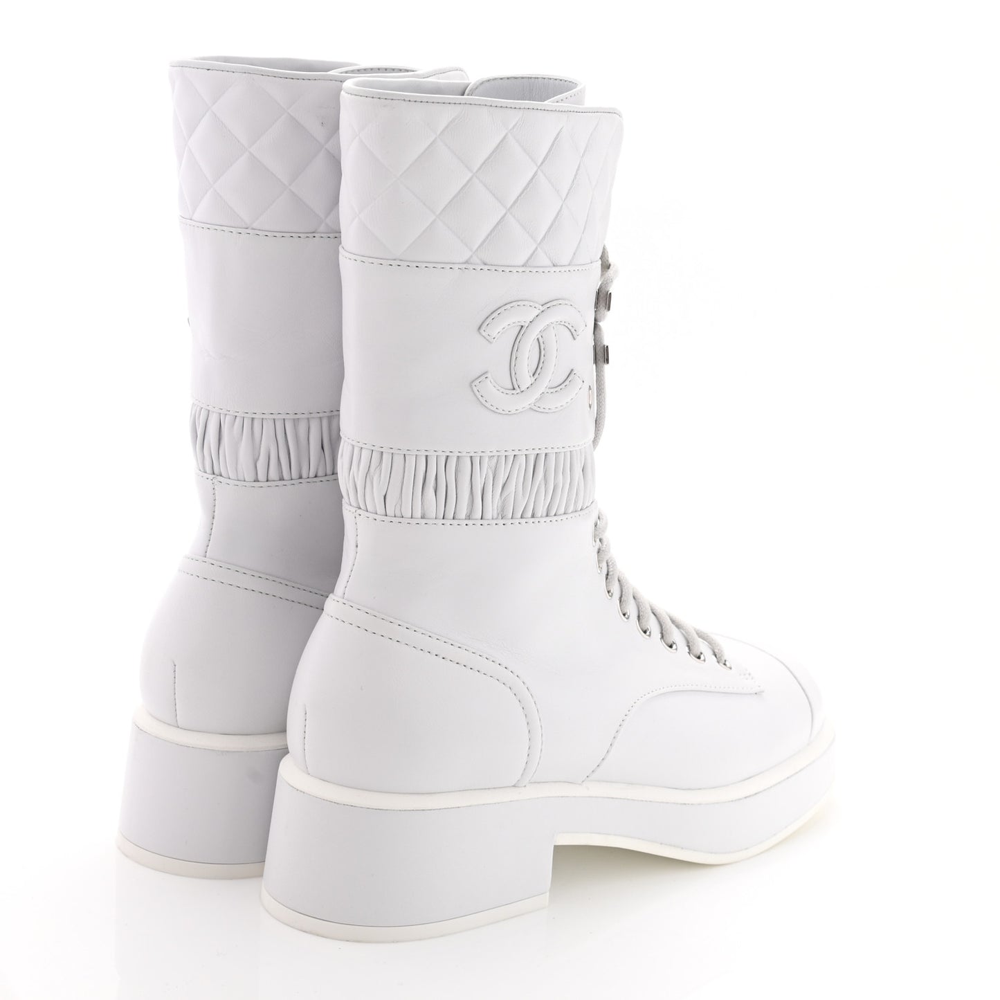 Lambskin Quilted Lace Up Combat Boots 38 White