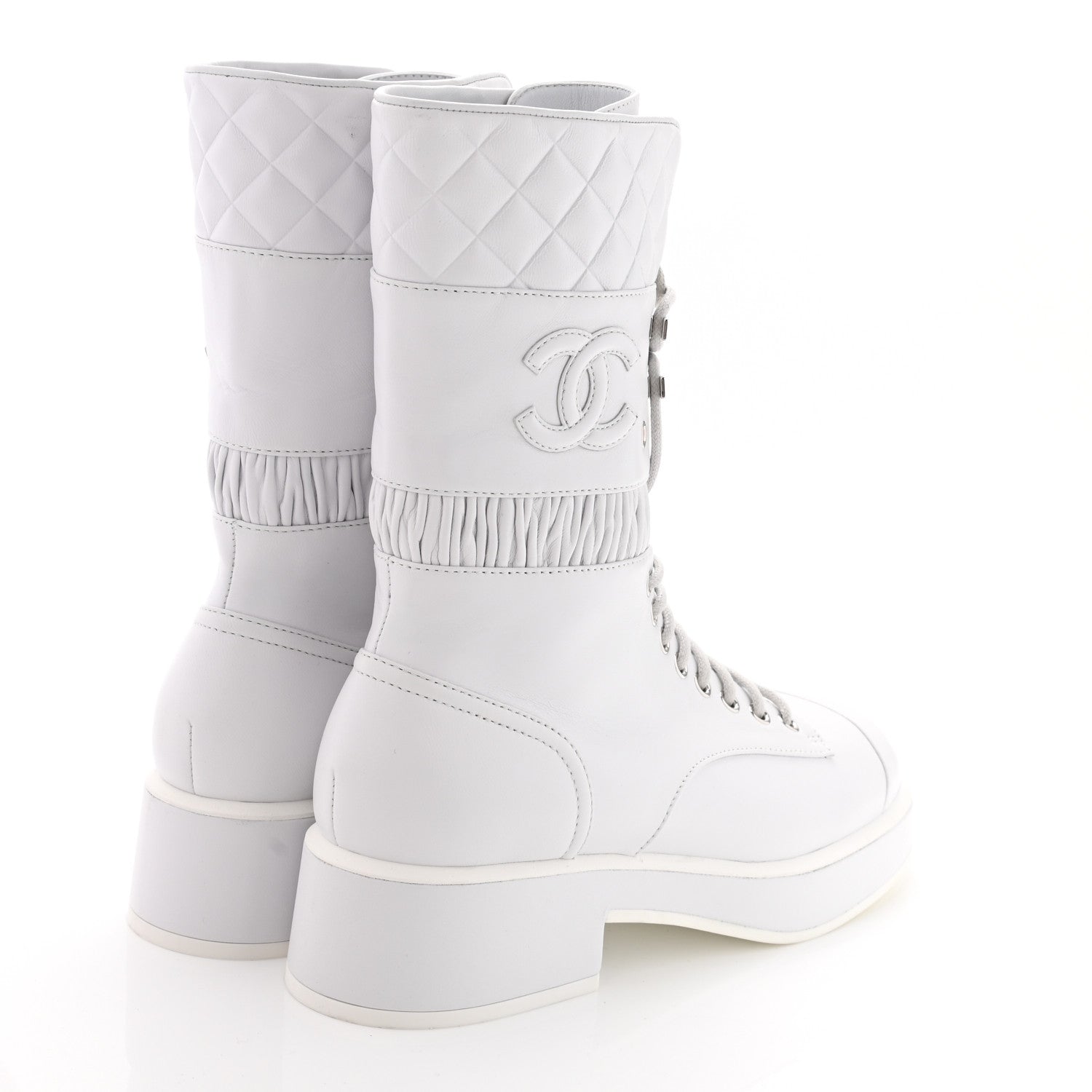 Chanel Lambskin Quilted Lace Up Combat Boots 38 White 4 of 9