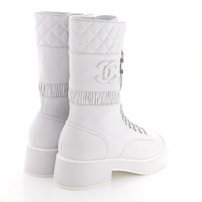 Chanel Lambskin Quilted Lace Up Combat Boots 38 White 4 of 9