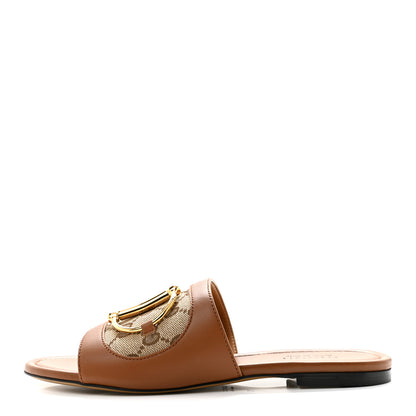 Gucci Calfskin Monogram Horsebit Womens Slide Sandals 37 Beige Ebony Sundial 1 of 9