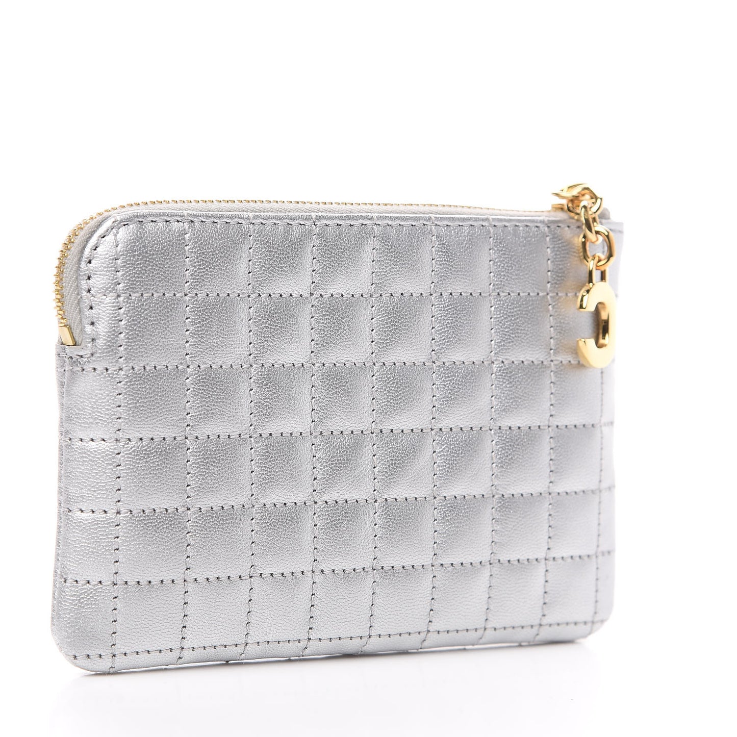 Laminated Calfskin Quilted C Charm Coin Card Pouch Silver